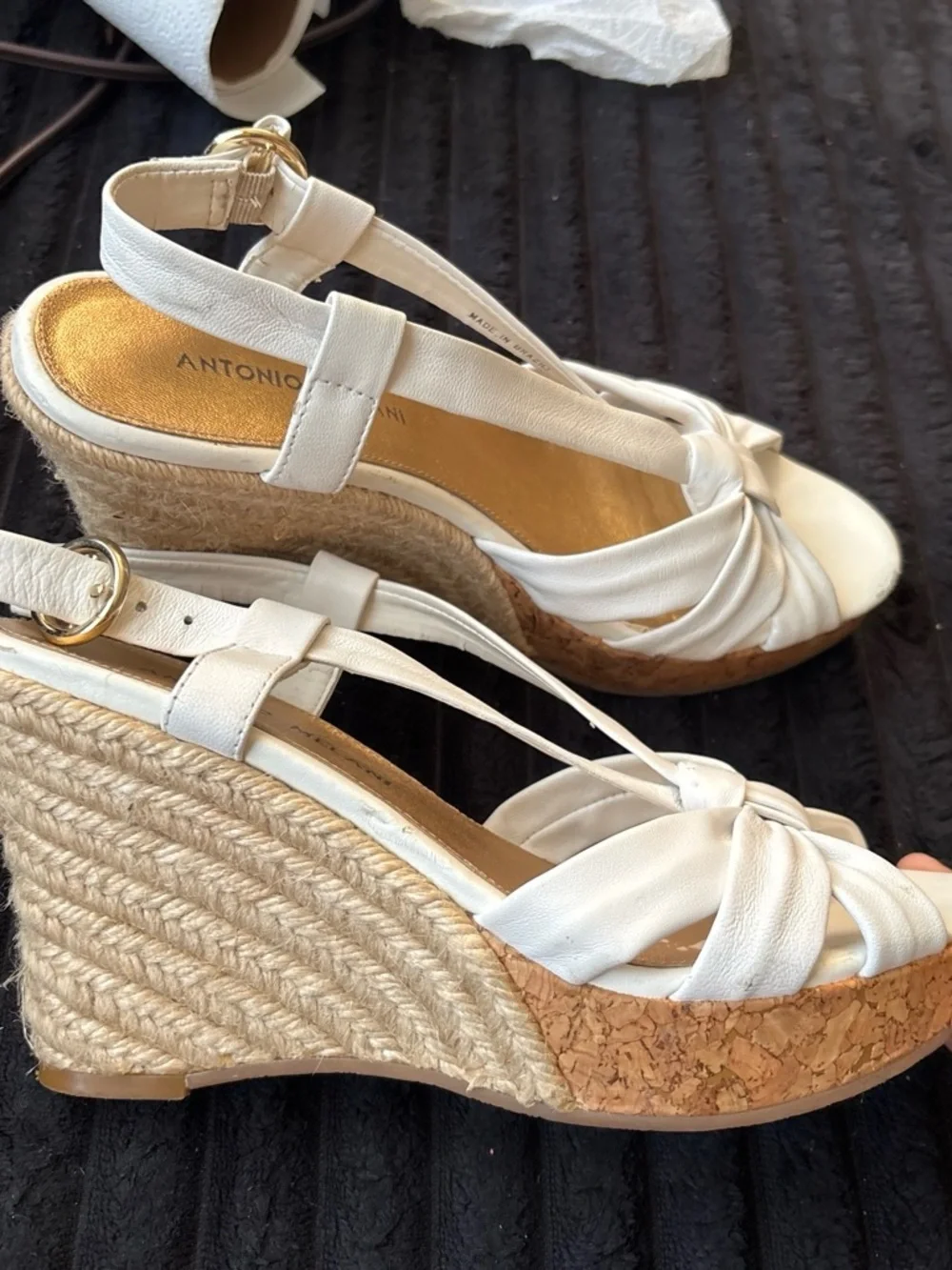 ANTONIO MELANI White Knotted T-Strap Cork Wedge Sandals